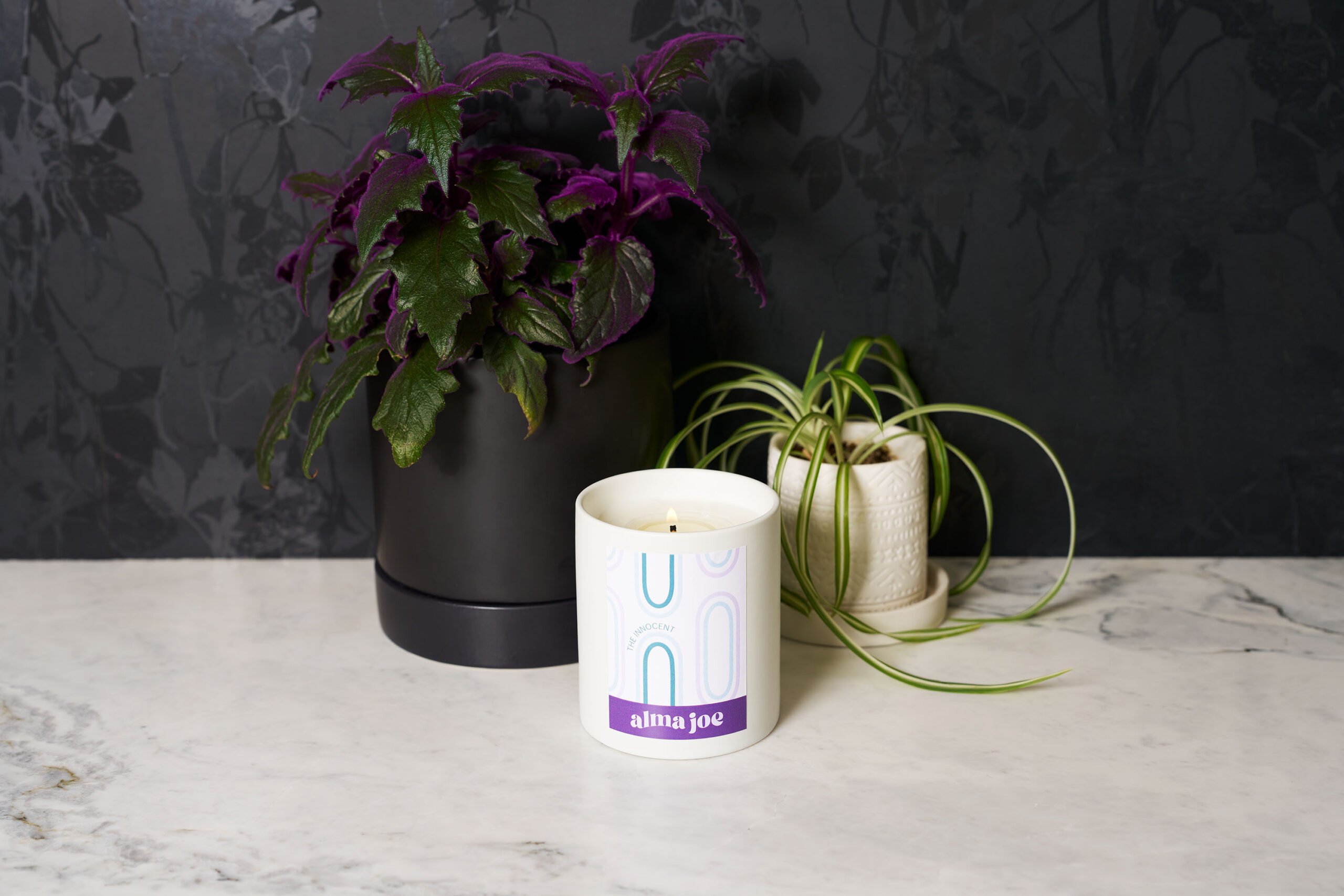 the innocent candle on white counter top with plants